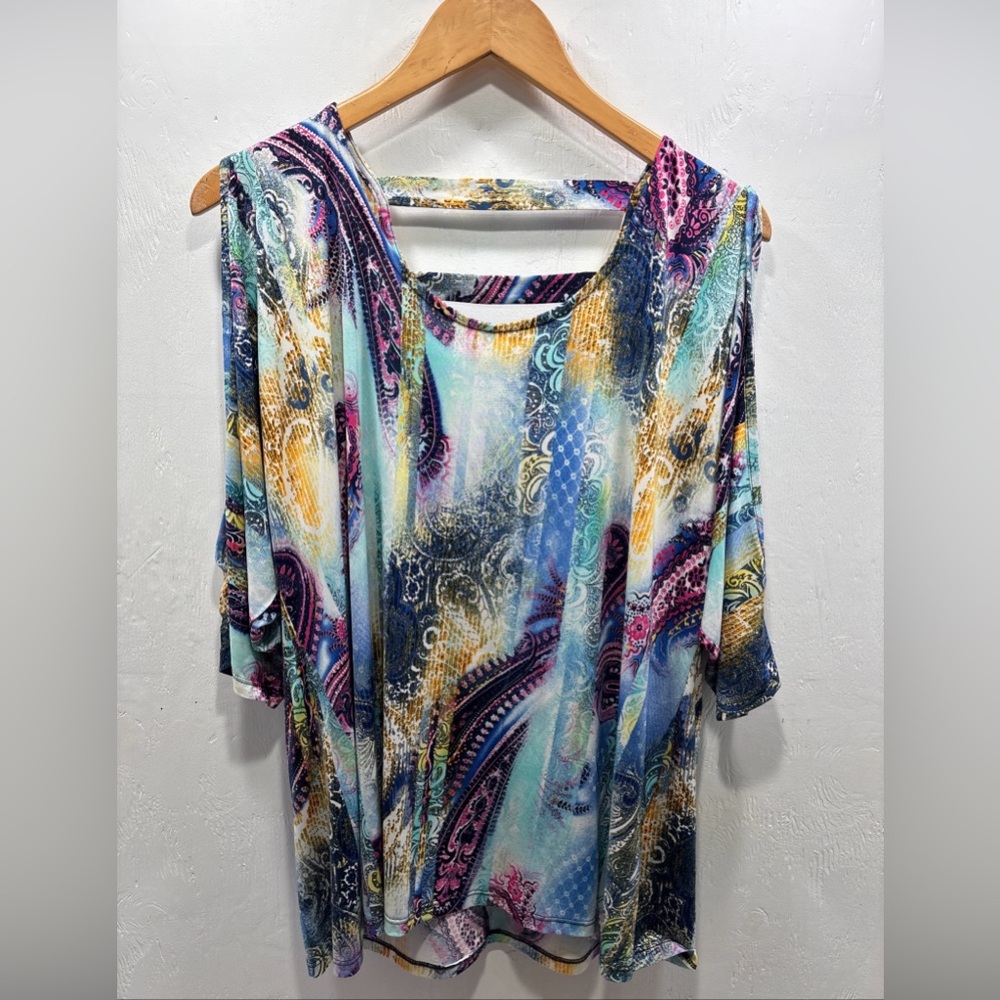Klaveli Cold Shoulder Stretchy Comfort Relaxed Fit Open Back Tunic Size Large